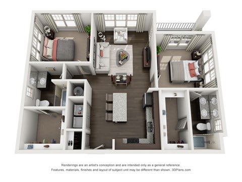 Floor plan for 2 beds, 2 baths, 1096 sqft